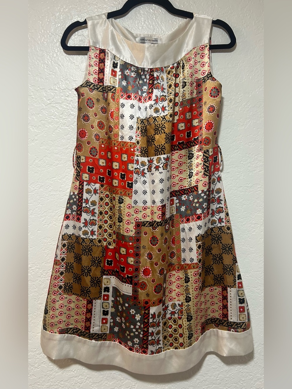Diane von Furstenberg Floral Patchwork 100% Silk Dress in Cream, Red & Gold